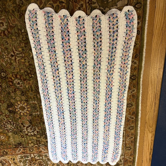 EUC Handmade Crochet Baby Blanket--Blue, White, Pink, Yellow--25"x46" - Picture 1 of 1